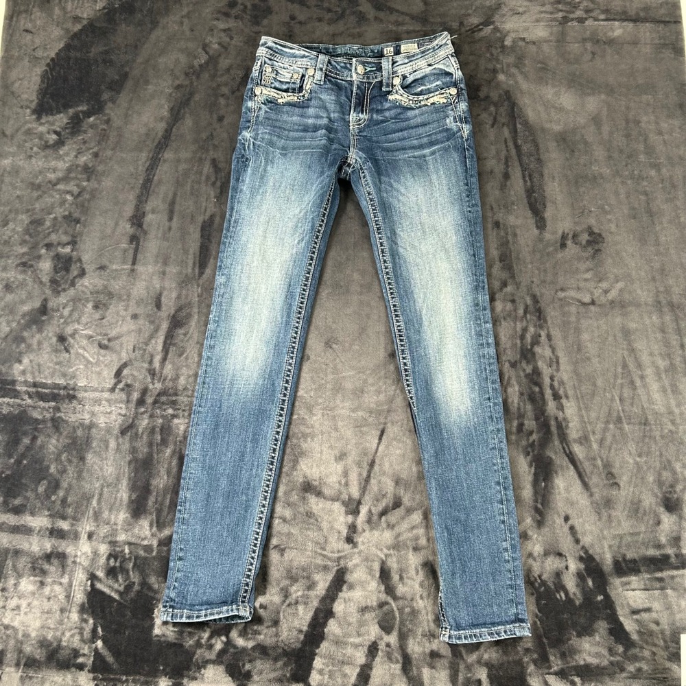 Miss Me Cuffed Skinny Girls Size 16 Blue Denim Embroidered Rhinestone KE8808CK